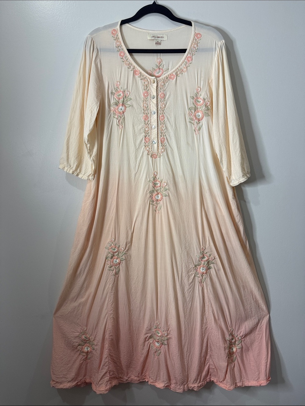 April Cornell Cream - Blush Pink Ombré Embroidered Maxi Dress Size Medium